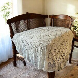 Handmade Round Crochet Tablecloth 56" Dia. Cotton & Ramie Blend Vintage